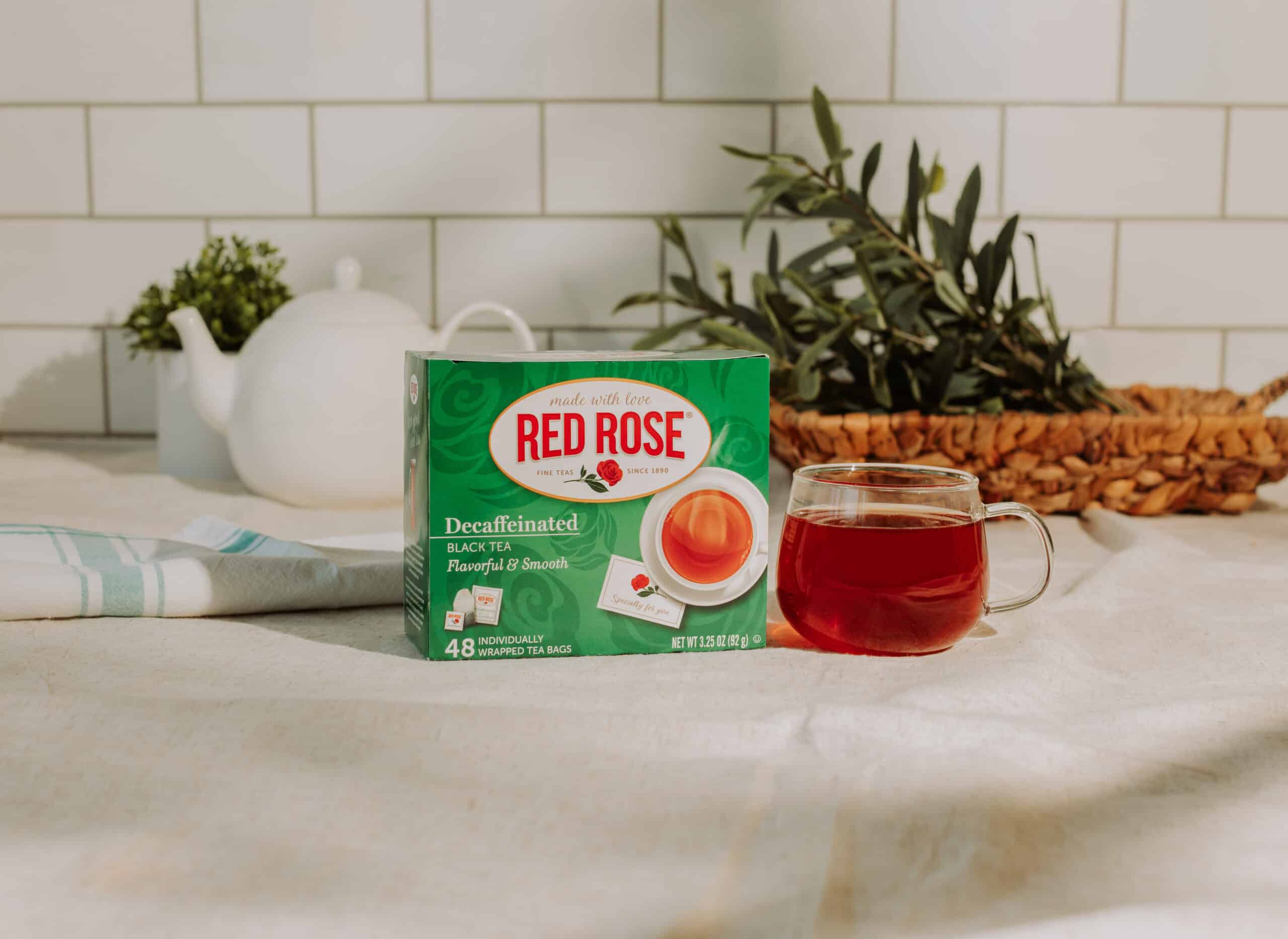 Red Rose Decaf Tea on a countertop